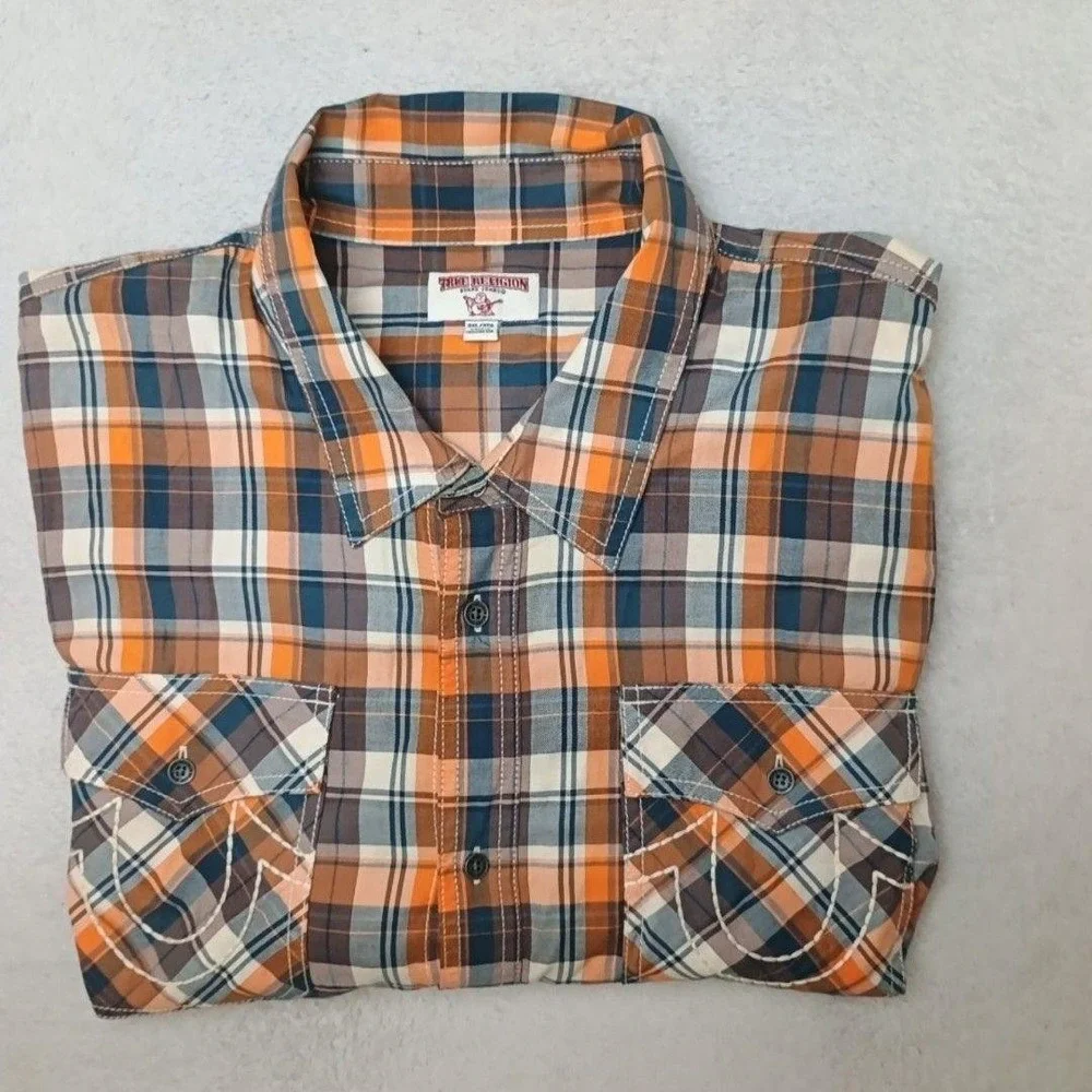 True Religion Shirt Mens 3XL Orange Plaid Button-Up Long Sleeve School Work